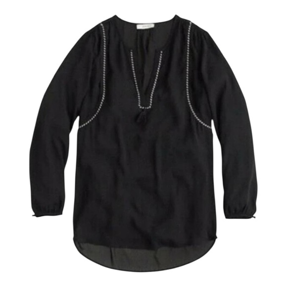 J. Crew Black White Split Neck Tassel Braided Trim Popover Tunic Womens Size 2 - Picture 2 of 10